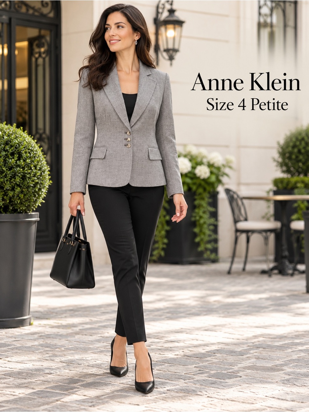 Anne Klein Suit Jacket Gray 3 Button Tailored Blazer Size 4P Petite